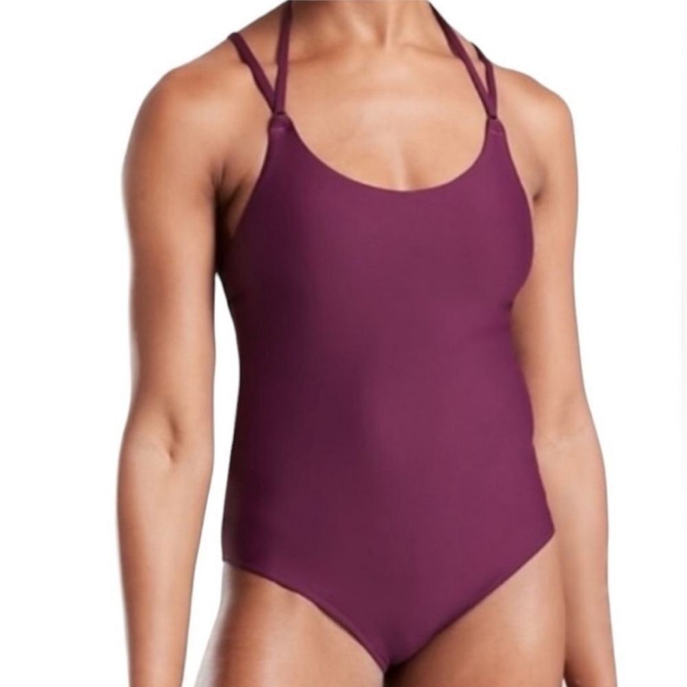 Athleta Keyhole One Piece Swimsuit Swim Strappy Purple Small Tall Skinny Strap